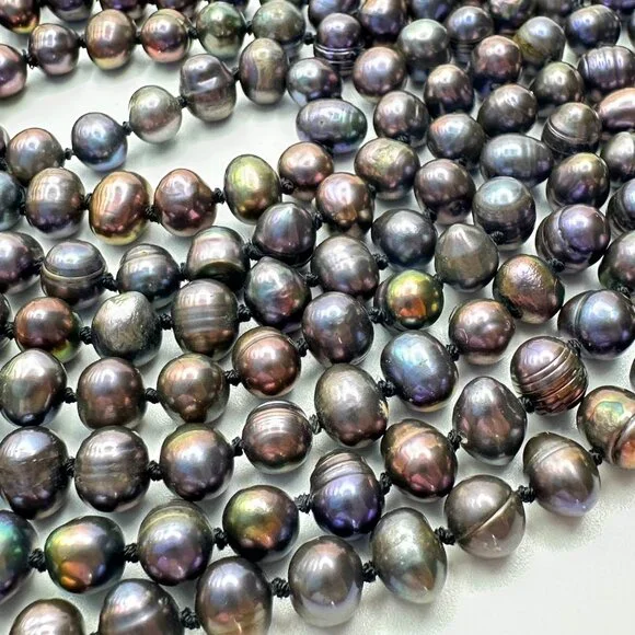 Vintage 66" Peacock Baroque Pearl Necklace — Hand-knotted, Lustrous & Fab — EUC - Picture 6 of 12